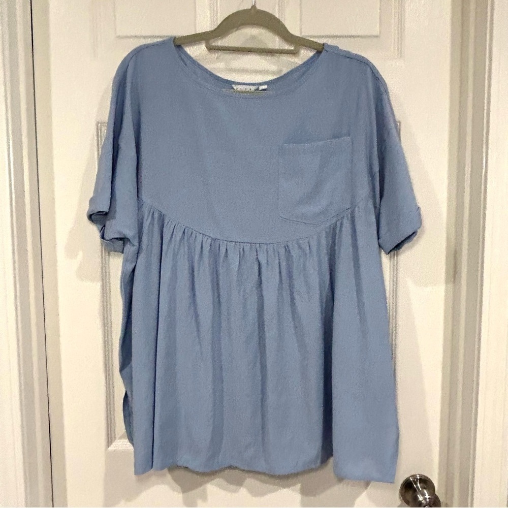 Exlura Women Blue Pocket Blouse Round Neck Short Sleeve Sz L Loose Fit Boxy